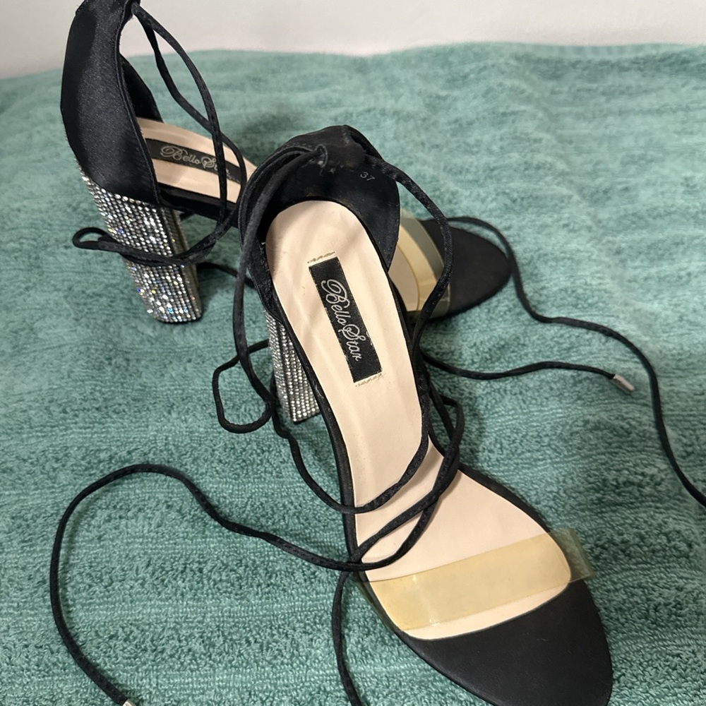 Black Satin rhinestone heel, wrap up strap